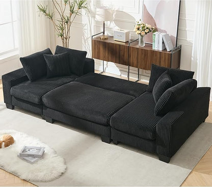 Symmetrical U Shaped Sectional Sofa Convertible Pull Out Sleeper Sofabed with Double Chaise Daybed , Corduroy Upholstered U Shaped Lounge Sofa Couch Bed w/ Throw Pillows for Living Room Apartment