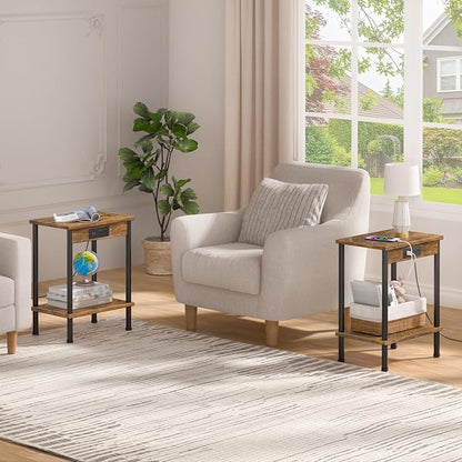 End Table with Charging Station,Small Side Table,2-Tier Nightstand with Storage Shelf,Sofa Bedside Table for Small Spaces in Living Room,Bedroom,Office,Easy Assembly,Rustic Brown