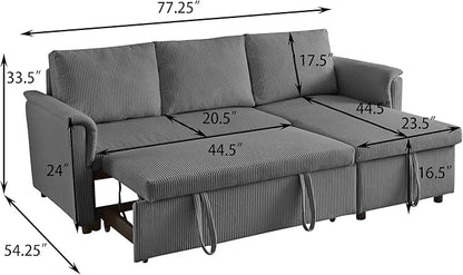 Ball & Cast Reversible Sectional Sofa Couch,L-Shape Sleeper Sofa Bed with Storage Chaise Pull Out Couch for Living Room | Hidden Storage | Pull Out Bed | Removable Backrest | Corduroy Fabric,Gray