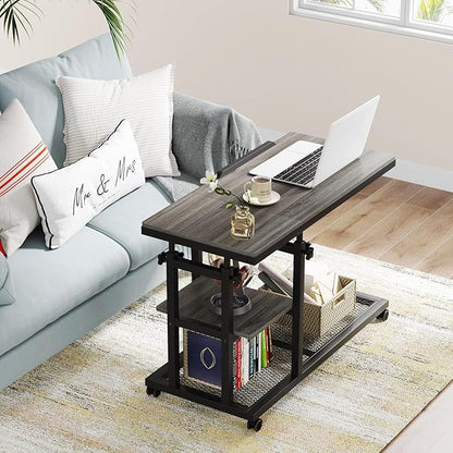 Tribesigns Height Adjustable C Table with Wheels, Mobile Couch Snack Side Table with Tiltable Drawing Board, Sofa Bedside Laptop Stand C Shaped TV Tray with Storage Shelves (Grey)