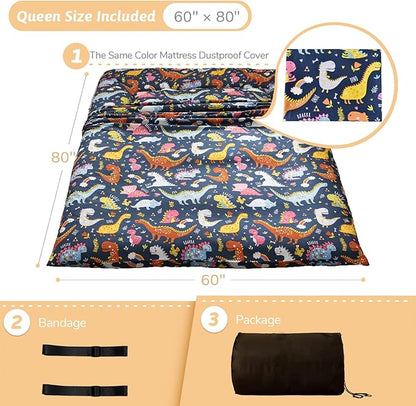 Dinosaur Japanese Floor Futon Mattress for Boys Girls, Thicken Tatami Mat Sleeping Pad Foldable Bed Roll Up Mattress Floor Lounger Bed Couches and Sofas for Kids Queen Size