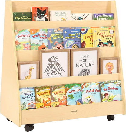 Kids Bookshelf for Toddlers and Babies, Double-Sided Wooden Montessori Bookshelf for Kids Room, Baby Book Shelf with Storage for Nursery, Classroom, Playroom