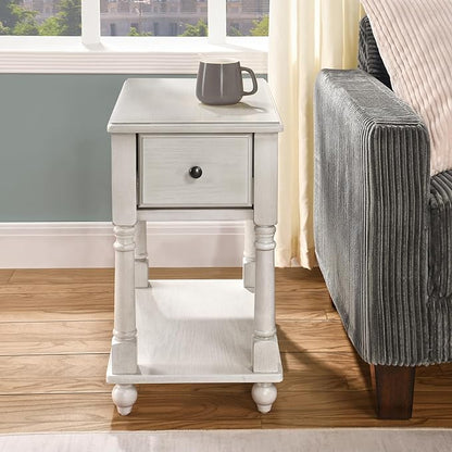 LEEMTORIG Set of 2 Solid Wood End Table Narrow Side Table with Drawer, Cherry Wood End Table Living Room, 13" W Slim Small Nightstand, 22" D x 22.3" H, No-Tools Assembly, Gray White BBJ-004-RW
