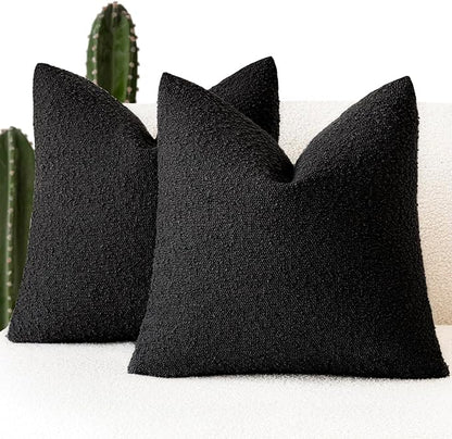Foindtower Set of 2, Decorative Textured Boucle Throw Pillow Covers Accent Solid Pillow Cases Neutral Soft Cozy Couch Cushion Case for Chair Sofa Bedroom Living Room Home Decor 18 x 18 Inch Black