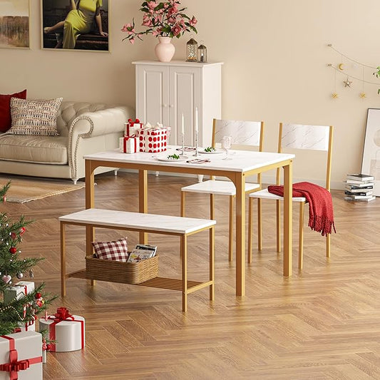 sogesfurniture 4-Piece Bench Style Dining Table Set, 4-Person Space-Saving Dinette for Kitchen，43'' Wood Kitchen Table & Chair Set for Breakfast Nook and Small Space, Glod&White