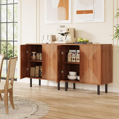 LITTLE TREE 59 Inches Long Sideboard Buffet Cabinet, Vintage Storage Cabinet with 4 Doors, Large Coffee Bar Cabinets for Kitchen, Cupboard Console Cabinets, Old Rose Color