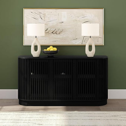 Plank+Beam Contour Wood TV Stand, Three Door Solid Wood Entertainment Console with Storage, 59" L x 16" W x 30" H, Black