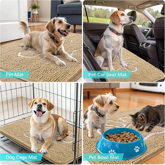 OLANLY Door Mat for Muddy Dog Paws 70x24, Ultra Absorbent Chenille Mud Doormat with Paw Print Design, Non-Slip Washable Doormat for Indoor Entryway, Quick-Dry Pet Bed Mats for Dirty Dogs, Beige