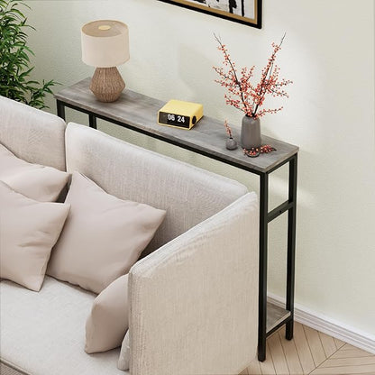 Narrow Console Table, 39.4” Sofa Table with Adjustable Shelf, 2-Tier Long Skinny Table for Hallway, Entryway, Living Room, Foyer, Grey