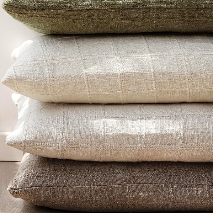Foindtower Set of 2 Decorative Linen Check Throw Pillow Covers Neutral Farmhouse Vintage Cushion Covers Modern Boho Home Decor for Sofa Chair Couch Bedroom Living Room Outdoor,20×20 Inch,Taupe Grey