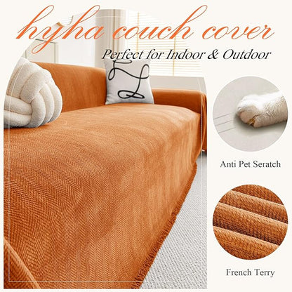 hyha Couch Cover for Dogs, Boho Sofa Covers for 3 Cushion Couch Washable, Chenille Sofa Slipcover for Pets, Soft Loveseat Sectional Couch Throw Blankets with Tassels (Orange, 71x150 Inch)