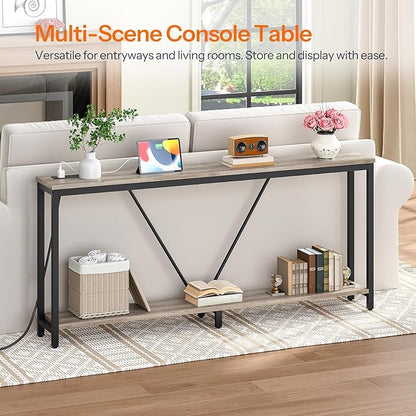 HOOBRO 70.9" Extra Long Sofa Console Table with Charging Station, 2-Tier Behind Couch Table with V-Brace, for Narrow Entryway, Hallway, Living Room, Greige BG186UXG01