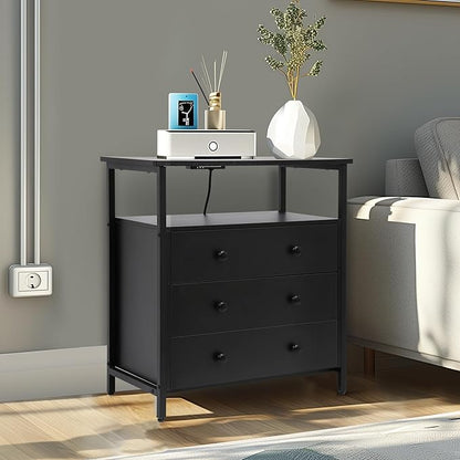 3 Wooden Drawers Night Stand, 27 Inch Wide Nightstand with Charging Station and Adjustable Drawers, Bedside Table for Living Room/Bedroom/Office, Black.