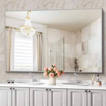 36x60inch Brushed Nickel Bathroom Mirror, Silver Rectangle Mirror with Frame, Large Rectangular Wall Mirrors for Bathroom, Living Roomm, Hair Salon, Big Mirror Hang Horizontal/Vertical