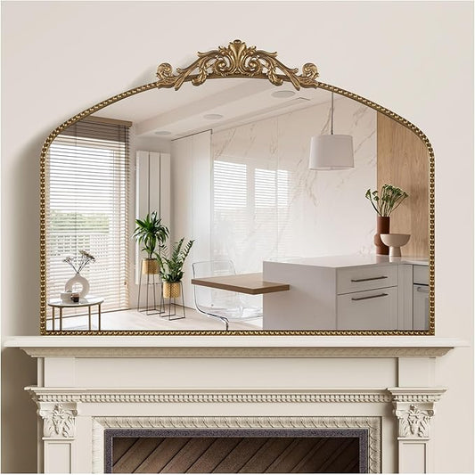 Gold Antique Mirror 40” x 30”, Large Ornate Mantel Mirrors with Arch Frame, Vintage Mirror Over Fireplace, Decorate Gold Beaded Frame for Living Room/Entryway/Dresser
