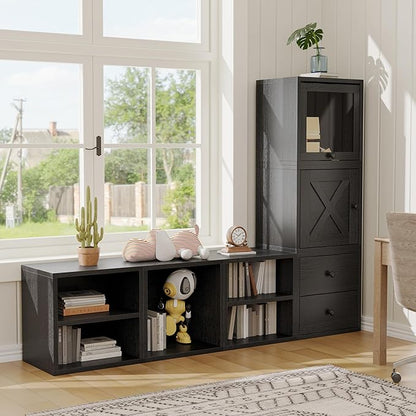 FUSUNBAO Magic DIY Cube Storage Organizer Stackable Cubes for Home Books Clothes Toy-Modular Cubby Storage System-Office Cubical-Bookcase Closet(Black,Cat Door Cube)