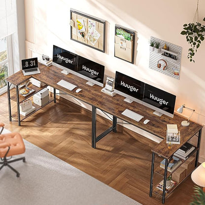 Huuger L Shaped Desk, 55 Inches Computer Desk with Reversible Storage Shelves, for Gaming Corner Home Office Writing Study, Metal Frame, Rustic Brown