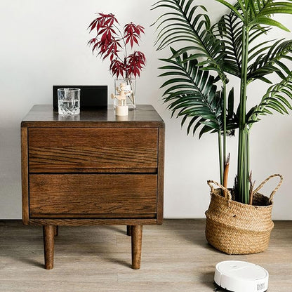 Night Stand, Mid Century Modern Nightstand w/2 Drawers, Boho Small Bedside Table, Oak Solid Wood, 17.72 W x 15.75 D x 19.69 H Inches (Walnut, Double Drawer)