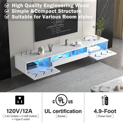 Floating TV Stand, 71" Floating Entertainment Center Wall Mounted,Floating Wall Mounted TV Shelf with Led Lights and Power Outlet,Modern High Gloss tv Cabinet Media Console with Storage