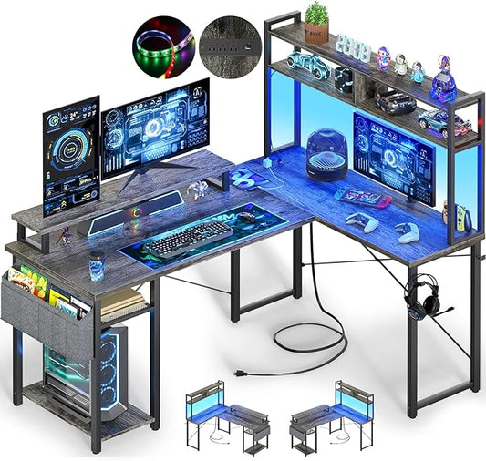 Small L Shaped Gaming Desk with Power Outlets, 48" Reversible L Shaped LED Computer Desk with Monitor Stand & Storage Shelf, Corner Gamer Desk Home Office Desk with Storage Bag, Black Oak