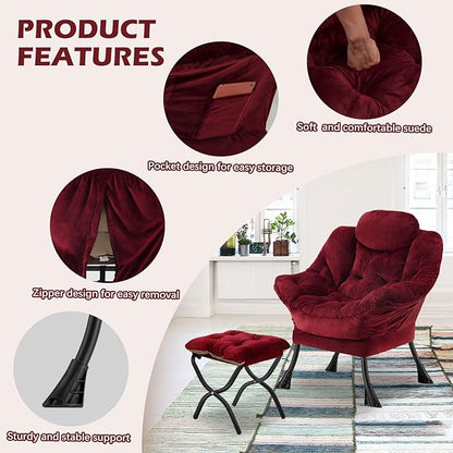 Lazy Chair with Folding Ottoman,Leisure Sofa Chair,Soft Fabric Armchair with Armrests and Side Pockets, Reading Chair with Footrest for Living Room, Bedroom, Office (Plush Red)