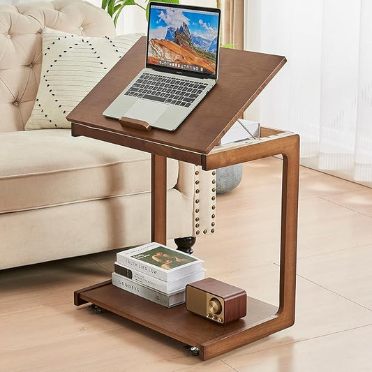 CozyDH Adjustable C Shaped End Table, Rolling Side Table Solid Wood TV Sofa Tray Table for Couch Arm Eating Multi-Purpose, Small Coffee Table with Wheels Living Room Bedroom, Walnut