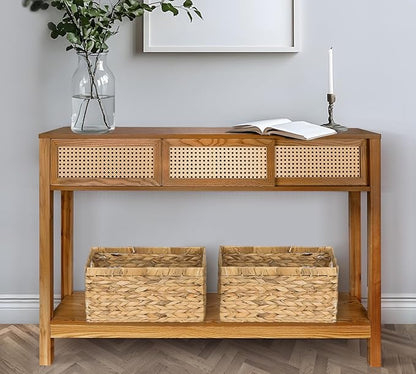 ZYBT Long Console Table, Rattan Entry Table, Console Tables for Entryway, Narrow Wood Console Table with Storage, Rustic Couch Table Hallway Table Brown Boho Sofa Table for Living Room