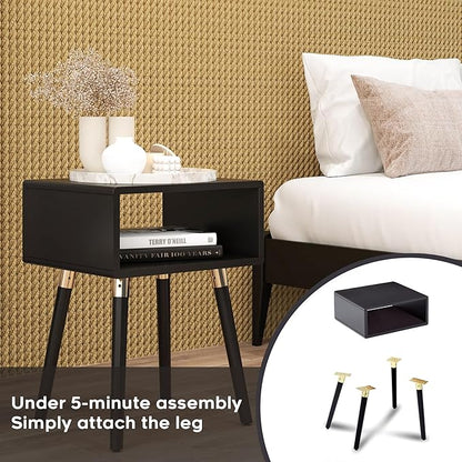 Bme Dinkee Solid Wood Nightstand, Fully Assembled, Without Drawer for Mid Century Bedroom and Living Room, Black