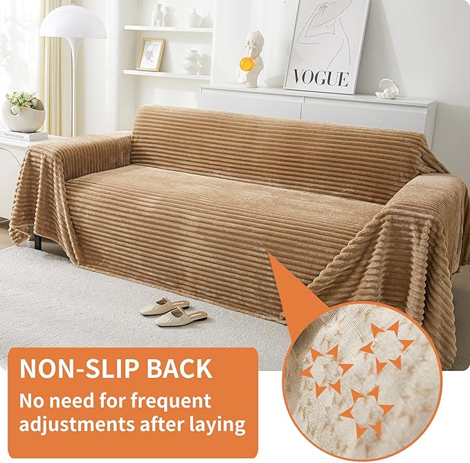 HAOMAIJIA Faux Fur Sofa Covers Couch Covers for 2 Cushion Couch Sofa Pet Friendly Soft Non Slip Couch Cover for Dogs Washable Sectional Couch Covers L Shape Furniture Protector (Khaki, 71"x118")