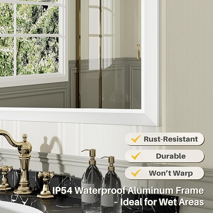 40x32 Inch White Bathroom Mirror for Wall, Thick Metal Framed Rectangle Mirrors for Over Sink, Bedroom, Living Room, Entryway, Anti-Rust, HD Tempered Glass