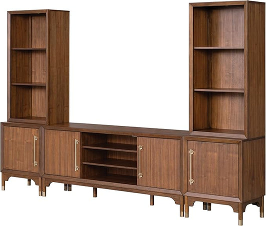 Furniture of America Forma Mid-Century Modern 5-Piece 118-inch Entertainment Center with Storage Piers, Cabinets and 5 Cable Holes, TV Stand for Living Room, Bedroom, Guest Room, Walnut
