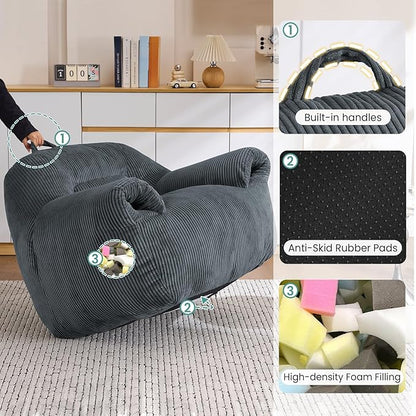 DAICO Bean Bag Chairs for Adults Beanbag Sofa with Ottoman Comfy Accent Chair with Armrests Corduroy Couch with Foam Single Lazy Sofas for Living Room Reading Bedroom Gaming Office Dark Gray