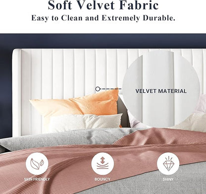 Allewie King Size Velvet Bed Frame/Vertical Channel Tufted Wingback Headboard/Upholstered Platform Bed/No Box Spring Needed/Strong Wooden Slats/Easy Assembly/White
