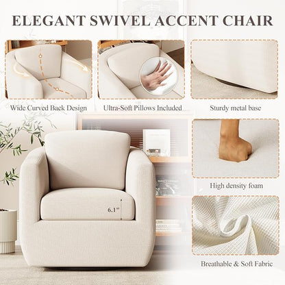 COLAMY 360° Swivel Accent Chair with Pillow - Comfy Living Room Armchair No-Sag Foam & Sturdy Metal Base, Fully Assembled Swivel Accent Single Sofa for Bedroom Living Room, Office, Beige