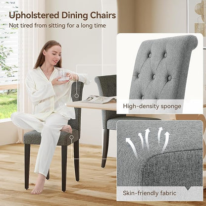 Upholstered Dining Chairs Set of 6, Button Tufted Parsons Dining Chair with Solid Wood Legs, Modern Fabric Side Chair for Dining Room/Kitchen/Restaurant/Hotel- Grey