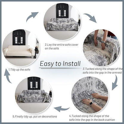 MYSKY HOME Boho Couch Cover for Dogs Washable Deep Grey Abstract Couch Sofa Protector for Loveseat Sofa Pets Friendly Chenille Geometric Sofa Covers Soft Durable Farmhouse Sofa Slipcovers, 91" X118"