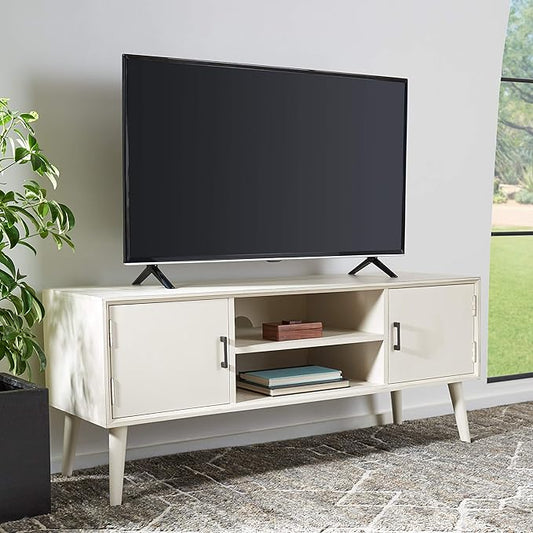 SAFAVIEH Sorrel TV Stand for up to 55" Flatscreen – Distressed White, 2 Doors with Interior Storage, 2 Open Shelves, Entertainment Media Console (MED5701A)