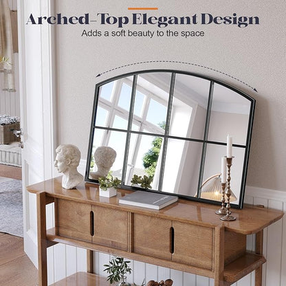 Window Pane Black Mirror, 36" x 24" Farmhouse Arched Window Mirror, Large Grid Mirror for Living Room Bedroom Fireplace Hallway Entryway