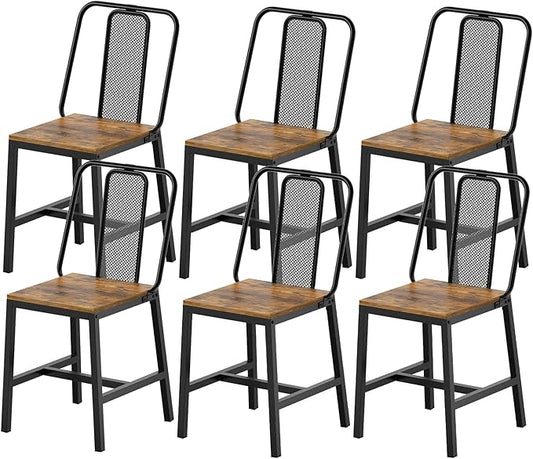 Dining Chairs Set of 6, Wooden Kitchen Chairs, Farmhouse Dining Chairs with Back Support, for Living Room, Kitchen, Rustic Brown and Black CY01L6BR