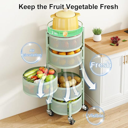 SAYZH Fruit Vegetable Basket for Kitchen, Rotating Storage Rack, 5 Tier Rolling Cart with top lid, Large Metal Wire Basket for for Potato Onion Snack, Black (Green)