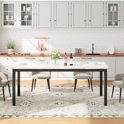 GarveeHome 78.7in Industrial Dining Table for 6, Wooden Long Dinner Table with Mortise Tenon Design, Kitchen Table with Sturdy Metal Legs, for Dining Room Home Office Living Room, White