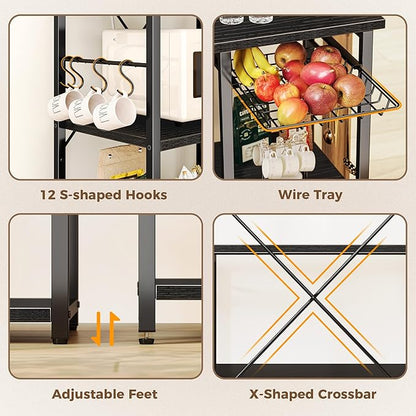SUPERJARE Large Bakers Rack with Power Outlets, 6-Tier Microwave Stand, Coffee Bar with 12 S-Shaped Hooks, Kitchen Shelf with Wire Basket, 39.3 x 15.5 x 66.9 Inches, Black