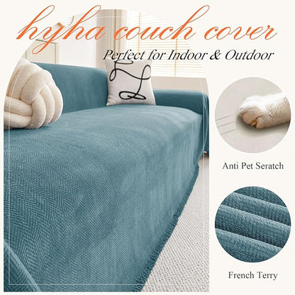 hyha Couch Cover for Dogs, Boho Sofa Covers for 3 Cushion Couch Washable, Chenille Sofa Slipcover for Pets, Soft Loveseat Sectional Couch Throw Blankets with Tassels (Blue, 71x134 Inch)