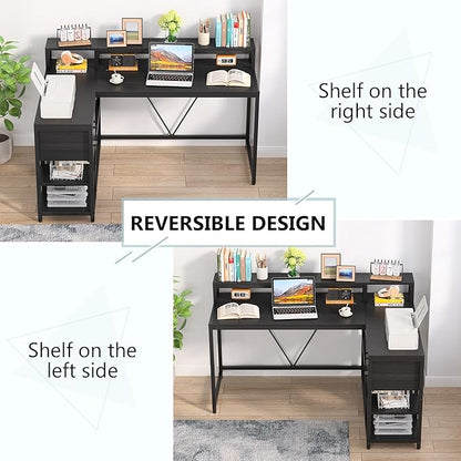 Tribesigns L Shaped Desk with Drawer and Monitor Stand, BlackCorner Desk Home Office Table with Storage Shelves, Black PC Desk for Small Space
