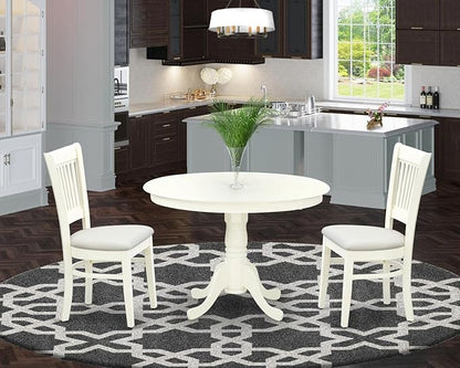 East West Furniture HLVA3-LWH-C 3 Piece Kitchen Table & Chairs Set Contains a Round Dining Table with Pedestal and 2 Linen Fabric Dining Room Chairs, 42x42 Inch, Linen White
