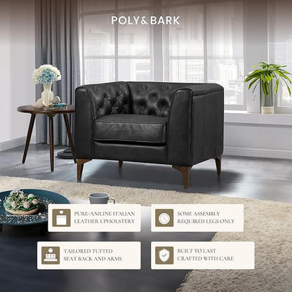 Poly & Bark Essex Lounge Chair - Leather Chair with Tufted Back - Full-Grain Living Room Armchair with Feather-Down Topper - Single Couch - Vintage Italian Leather in Onyx Black
