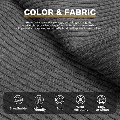 Bean Bag Chairs for Adults, Memory Foam Couch Sofa Chair,One-Piece Foam Padding,Cozy Corduroy Material Bean Bag Chair,Bean Bag Sofa for Reading in Bedroom Living Room and Dorms，Gray