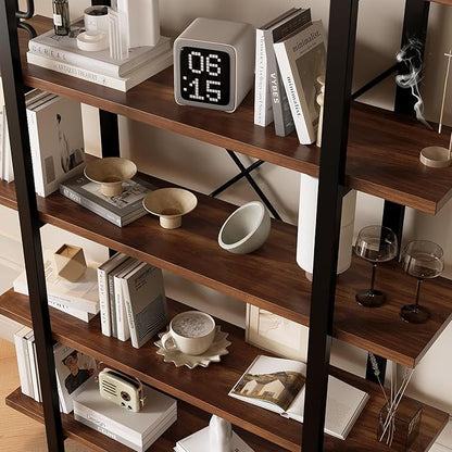 Industrial Bookshelf with 5 Shelves, Solid Wood core Bookcase,Walnut Wood and Black Metal Frame, Large Open Storage Display Unit (Dark Walnut, 5 Tiers)