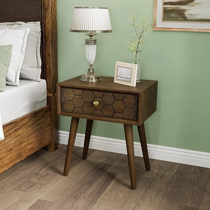COSIEST Mid-Century Nightstand, Modern MDF Bedside Table, Accent Wood End Table with One Storage Drawer for Bedroom Living Room(Brown,2 Pieces)