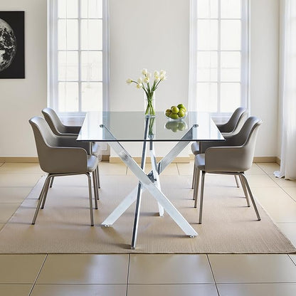 Dining Table for 4 Modern 35.43" Rectangular Glass Dining Table Kitchen & Dining Room Tables with Metal Base for Dining Room and Apartment, Chrome